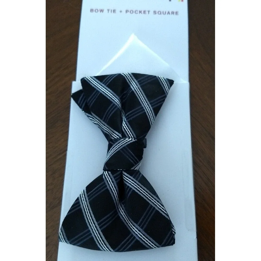 ALFANI SPECTRUM Men's‎ Bow Tie & Pocket Square Black w/ Gray White Stripes NEW - Picture 11 of 11
